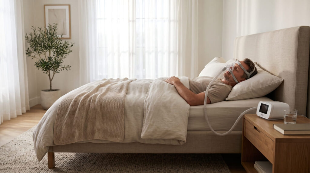 Homem dormindo tranquilo com máscara de CPAP, tratamento de primeira linha para apneia do sono