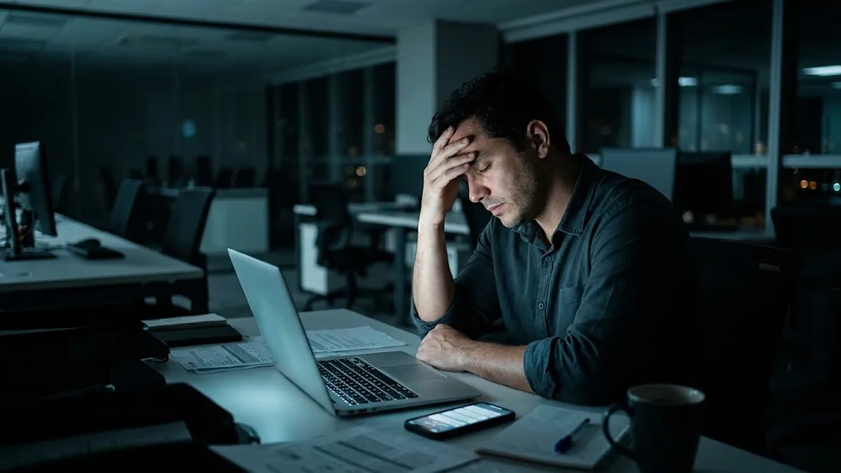 Homem jovem estressado diante do computador no escritório, tema da relação entre estresse no trabalho e disfunção erétil